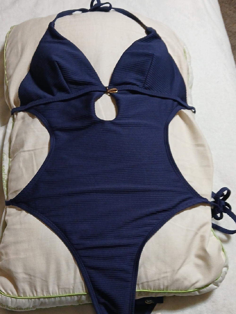 Cupshe Navy Ribbed Halter Cutout One-Piece Swimsuit with Gold Ring